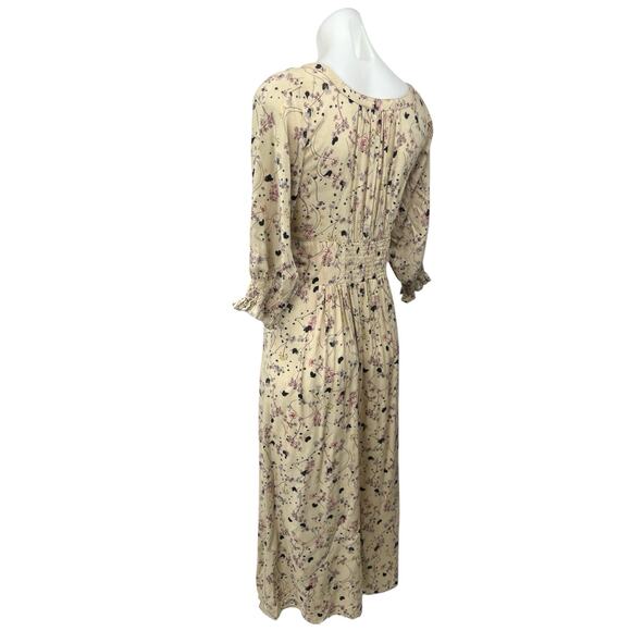 ba&sh Maya Beige Floral Print Square Neck 3/4 Sleeve Button Midi A-Line Dress S - Picture 4 of 7